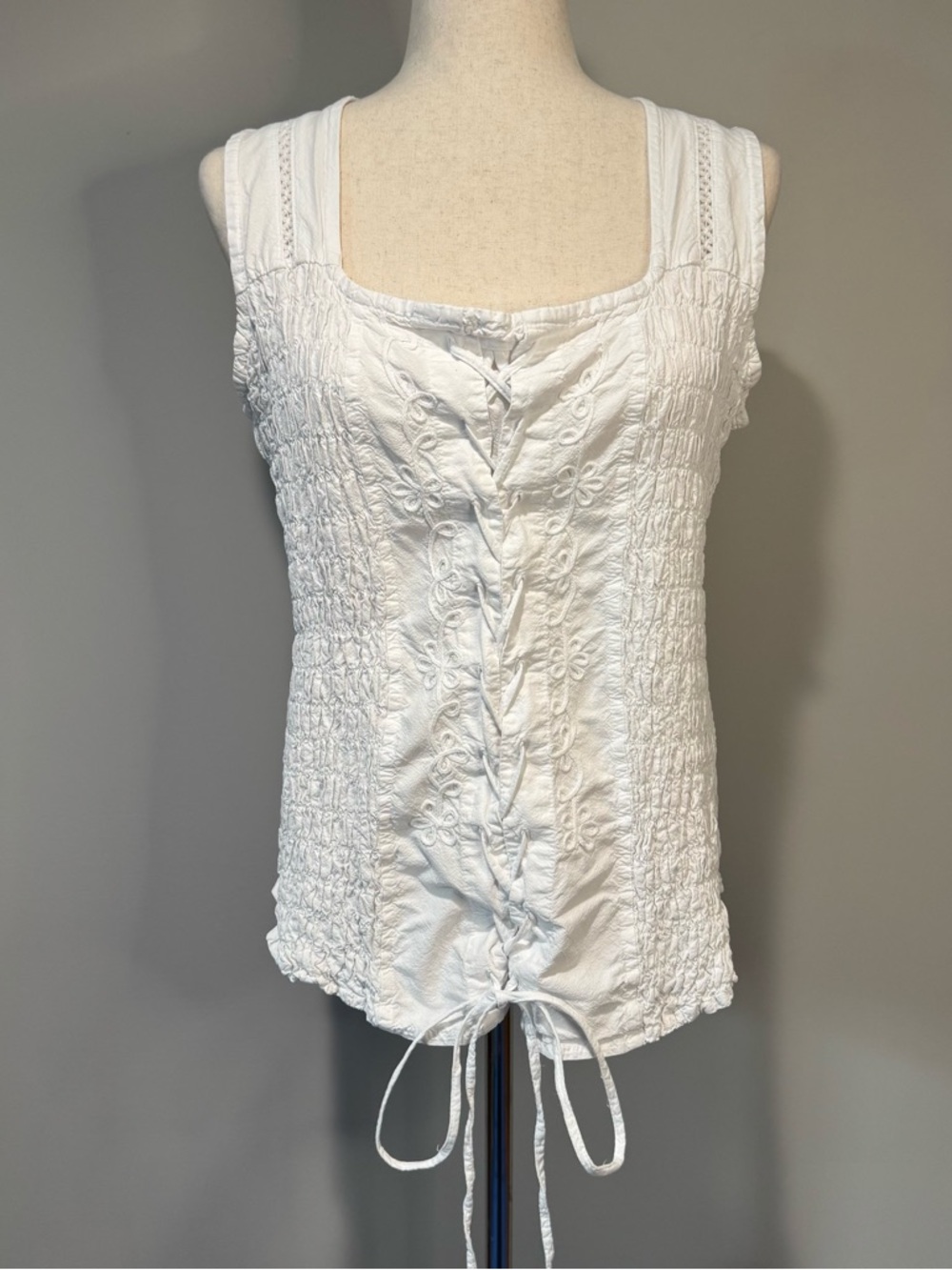 Scully White Lace Up Corset Tank Top Western Boho Smocked Peruvian Cotton Size M